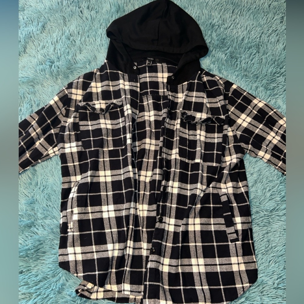 Forever 21 Hooded Flannel w Shoulder Pads